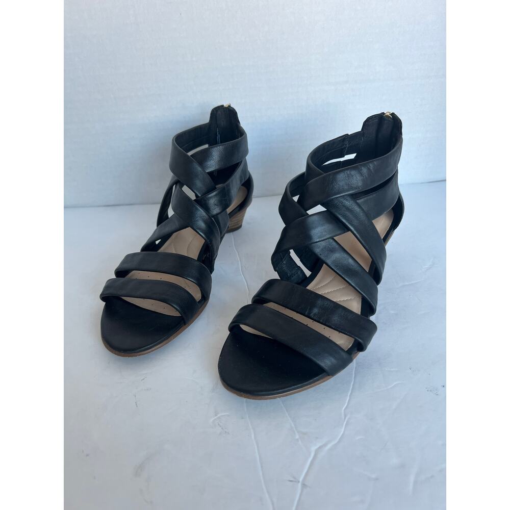 Collection by Clarks Mena Silk Black Leather Ultimate Strappy Comfort Sandals 7M
